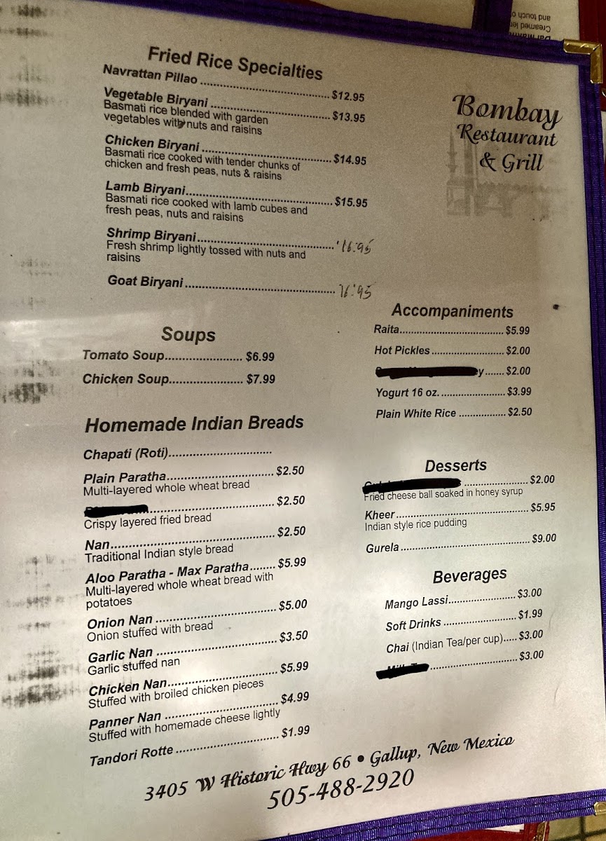 Bombay Restaurant and Buffet Menu - Image 1